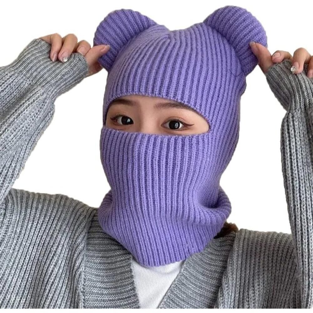 Women's Purple Winter Hat Warm Hooded Scarf Hat Balaclava Knit Skull Beanie